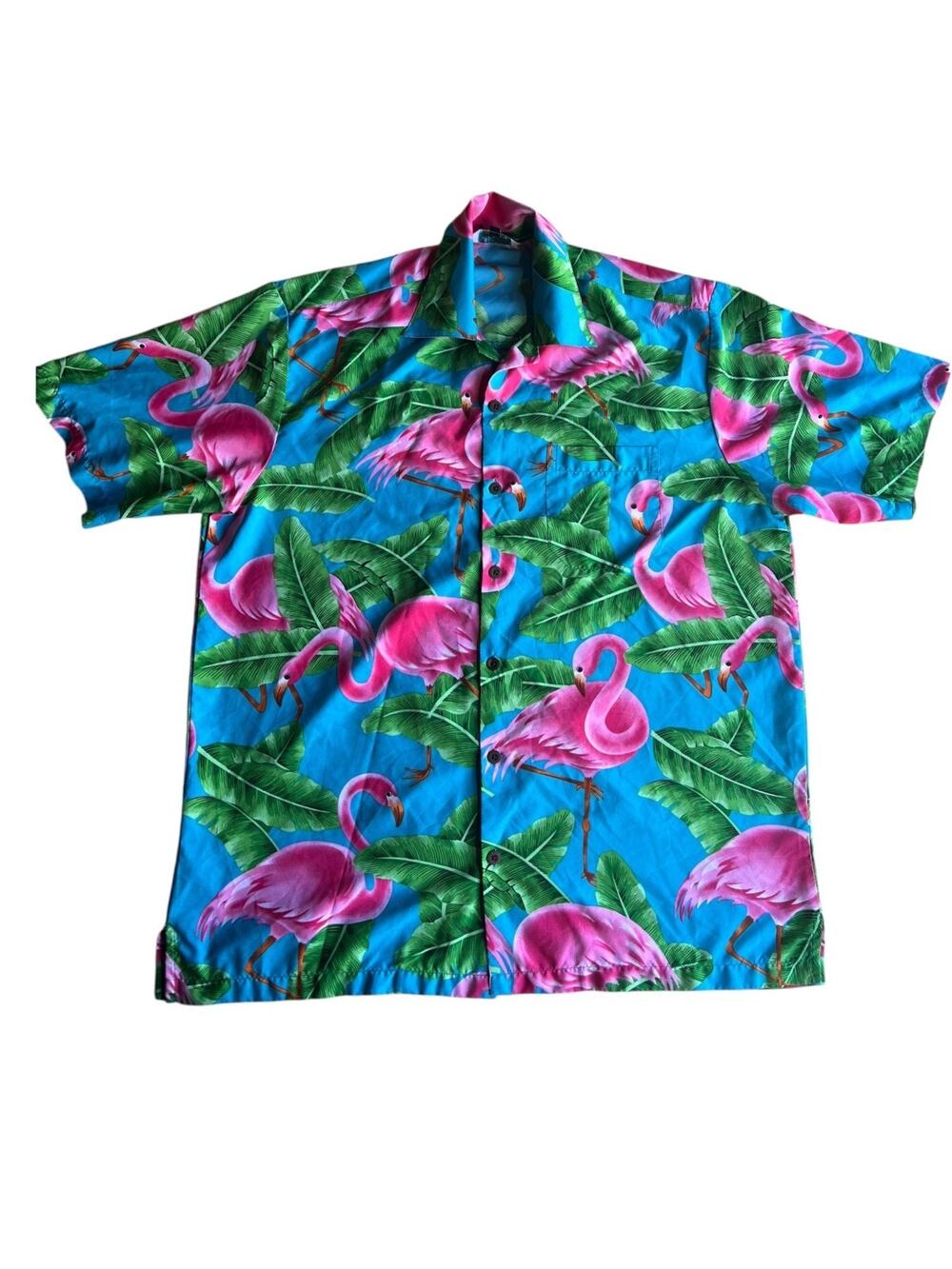 Alvish Men's Hawaiian Big Pink Flamingo Aloha Beach Satin Shirt Size Large